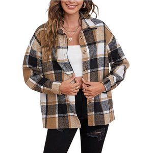 Shirt Jacket Womens Size Small  Tan Plaid Shacket Button Up